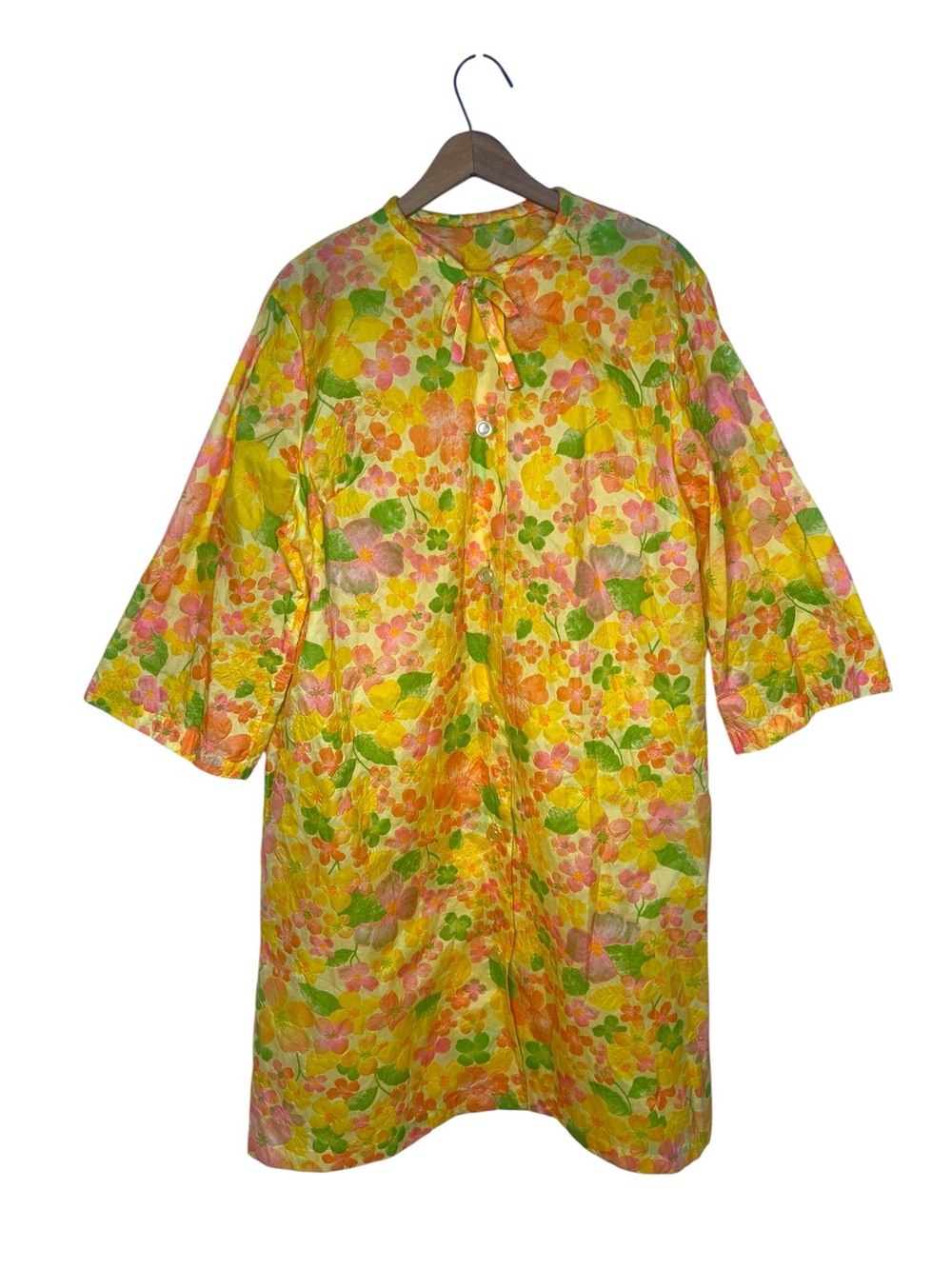 Vintage 60s 70s Union Made House Dress Sheer Net Collar Bow Day Dress